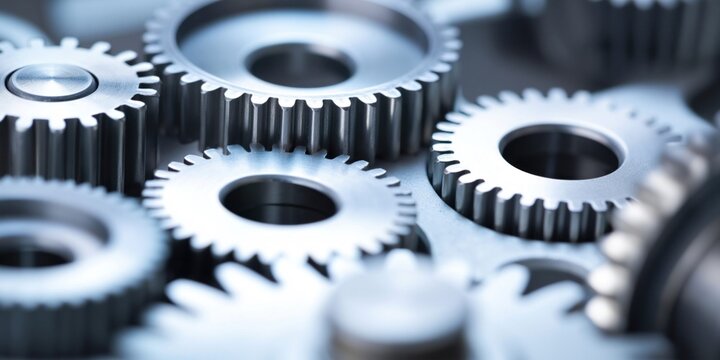 Close-up macro shot of interlocking shiny metal gears in a complex machine mechanism
