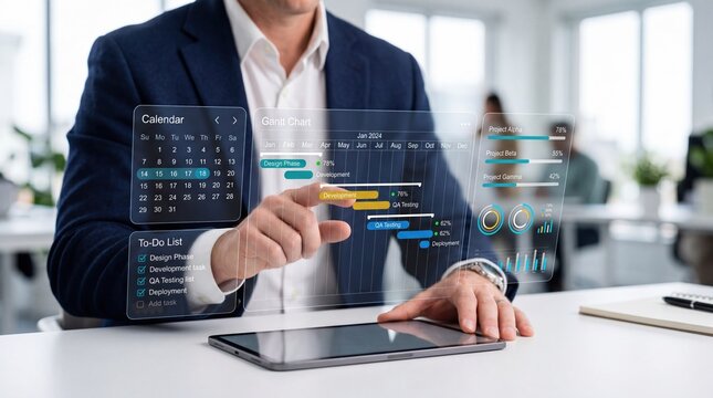 Businessman using holographic interface for project management, analyzing gantt chart and calendar data in modern office