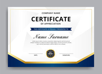 Fototapeta premium Blue and gold diploma certificate template. appreciation and achievement certificate with luxury premium badge