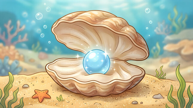 Open seashell with pearl on sandy beach illustration