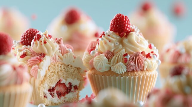 Delicious cupcakes with raspberry filling and decoration on a blue background during a dessert display