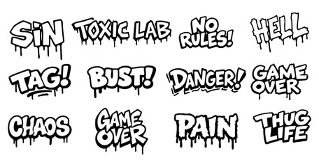 Graffiti street slang typography sticker set, urban drip text collection, gangsta tag quotes vector bundle © Bohdan
