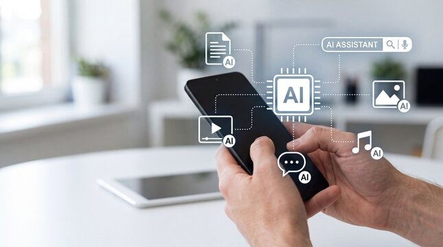 Person using smartphone with artificial intelligence assistant interface, icons representing machine learning, chatbot, voice recognition, image processing and automation
