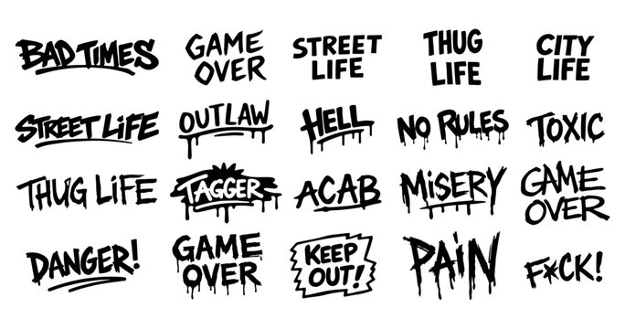 Urban Graffiti Lettering Tattoo Style Doodle Set with Street Quotes and Aggressive Graphic Phrases