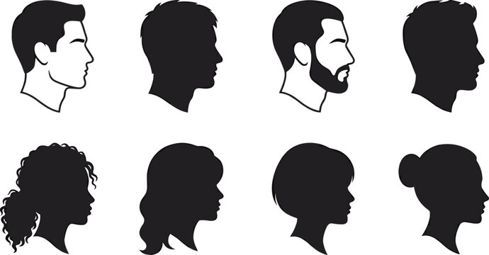 Male and female head profile silhouette set with hairstyles beard and face side view vector collection isolated