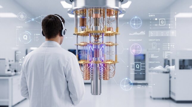 Scientist observing quantum computer processor in high-tech laboratory, futuristic technology concept with qubits, entanglement, circuit data visualization, advanced research in