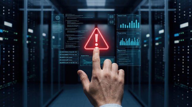 Hand touching holographic red warning sign in data center, cybersecurity threat alert, network traffic analysis, server rack background, IT security monitoring concept