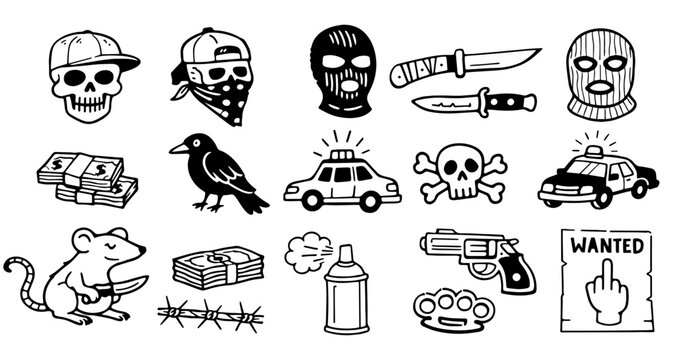 Hand Drawn Gangsta Street Culture Tattoo Flash Set with Skulls, Money and Urban Crime Icons