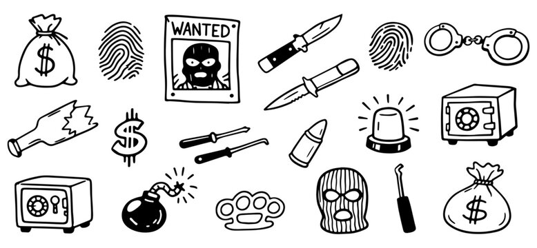Crime gang robbery icon set, thug life symbols collection, money bag fingerprint weapon stickers vector