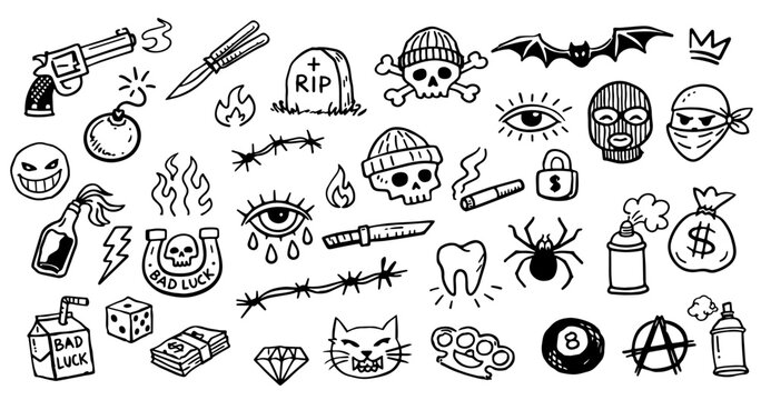 Hand Drawn Urban Tattoo Style Doodle Set with Skulls, Street Culture Symbols and Bad Luck Icons