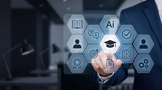 Artificial intelligence in education concept, man touching virtual screen with AI icon, online learning, e-learning platform, digital classroom, smart teaching tools, academic