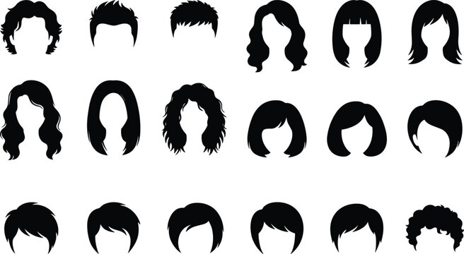Hairstyle silhouette collection with male and female haircuts short long curly bob vector set isolated on white