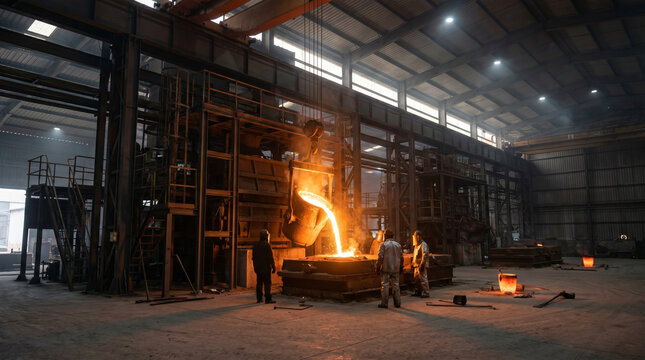 Wide establishing view of a steel foundry floor at dawn, workers in heat-resistant suits silhouetted against the blinding orange pour of mol 2