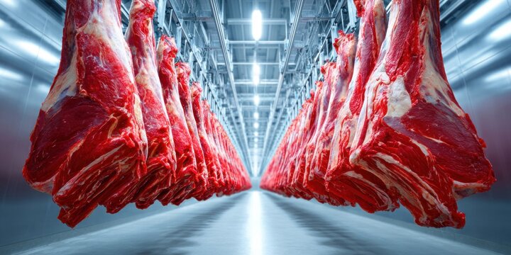 Rows of beef carcasses dangle in a chill industrial meat processing facility