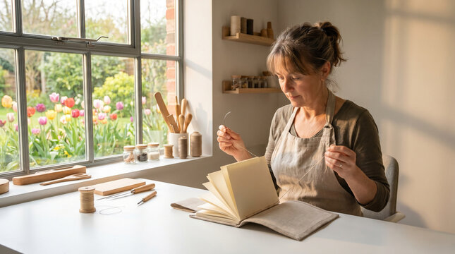 A woman in her fifties carefully assembling hand-bound journals at a tidy workshop bench, stitching creamy pages into linen covers with a cu 2