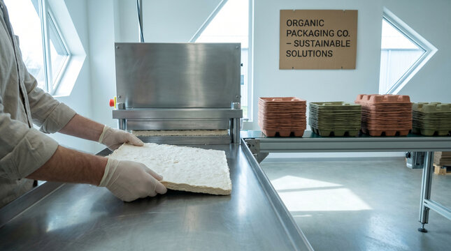 A sustainable packaging production line in a mid-sized facility where workers feed sheets of mushroom-based material into a compression pres 2