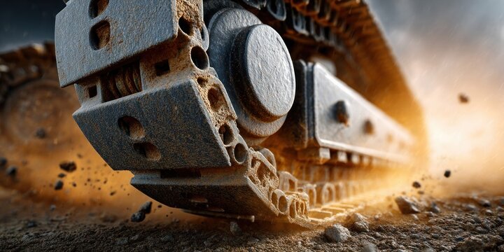 Close-up macro view of a heavy excavator track crushing dirt and rocks