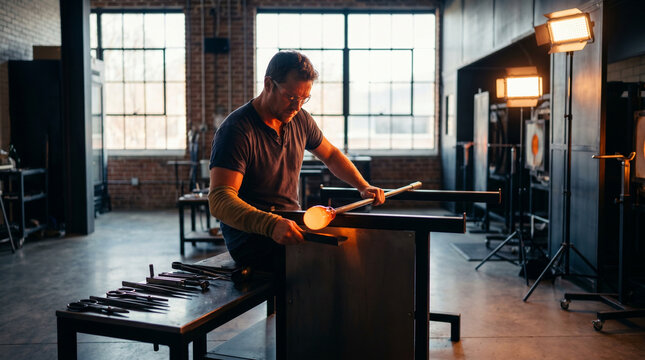 Molten glass gob dropping from a blowpipe onto a marver table in a professional glass studio, reflected orange glow illuminating the glassbl 2