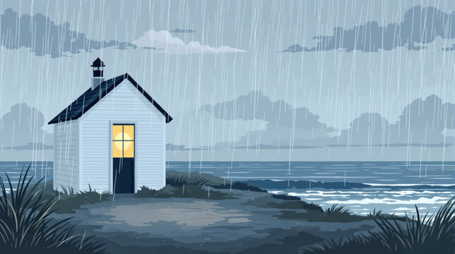 White coastal cottage under heavy rain with lit window. Minimal stormy shore vector for weather posts and mood boards. Rain soaked seaside shelter with clouds waves and quiet mood