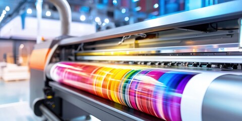 High-tech industrial printing machine producing vibrant, colorful graphics on a large roll © FrameShift