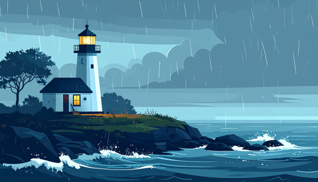 Lonely lighthouse in heavy rain above dark rocks and blue sea. Moody nautical vector for storm posters and weather storytelling. Coastal beacon shelter with waves clouds tree and glowing window