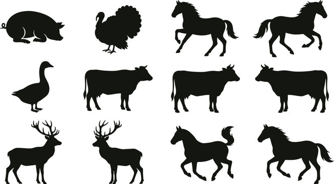 Farm animal silhouettes collection featuring horse cow pig deer turkey duck vector set isolated on white background
