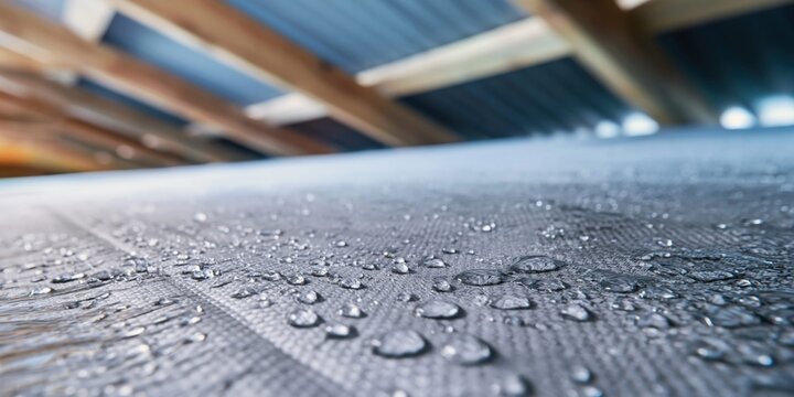 Close-up of water droplets on a dark waterproof roofing membrane under wooden beams