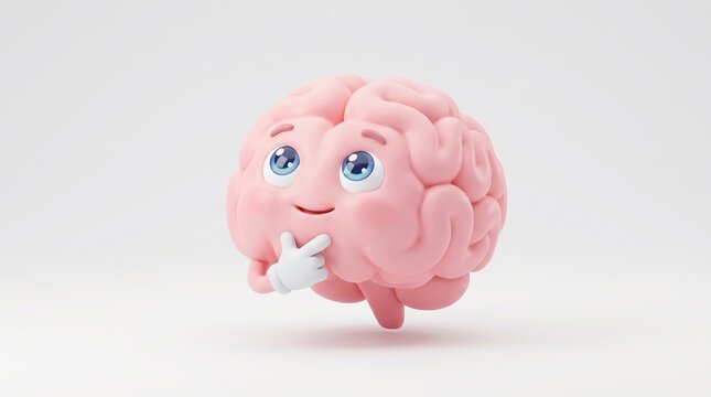 A cute 3D brain character in a thinking pose with a curious and friendly expression. Created with soft shapes and a playful cartoon style, this illustration is perfect for education.