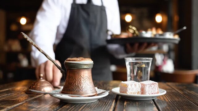 Delicious Turkish Coffee Serving in a Cozy Cafe Ambiance with Traditional Elements