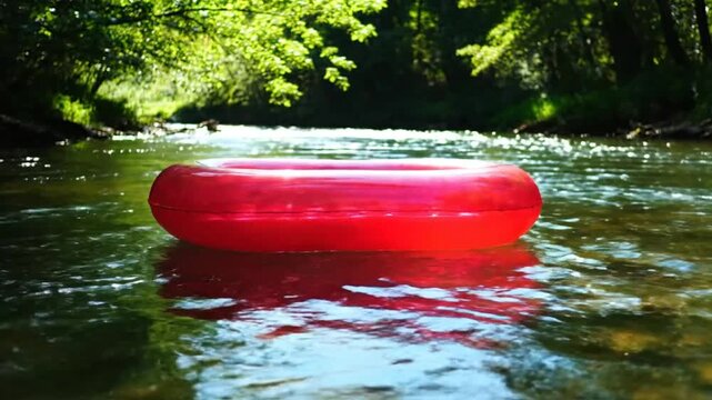 Red inflatable ring floating peacefully in a flowing river on a sunny day with lush green foliage