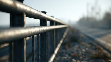Fototapeta premium Railings along a quiet roadside create a path for travelers and connect distant places in early morning light