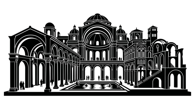 Vector silhouette Roman Baths Bath England, ancient thermal spa landmark, black and white artwork, classical architecture illustration, cultural heritage monument, tourism, historic building, famous 