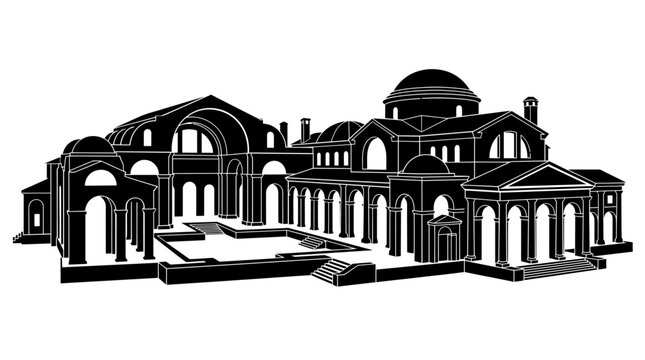Vector silhouette Roman Baths Bath England, ancient thermal spa landmark, black and white artwork, classical architecture illustration, cultural heritage monument, tourism, historic building, famous 