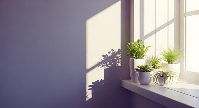 Potted indoor plants on a sunlit window sill. Urban jungle and home gardening. Various green houseplants in white ceramic pots catching bright morning light and casting long shadows
