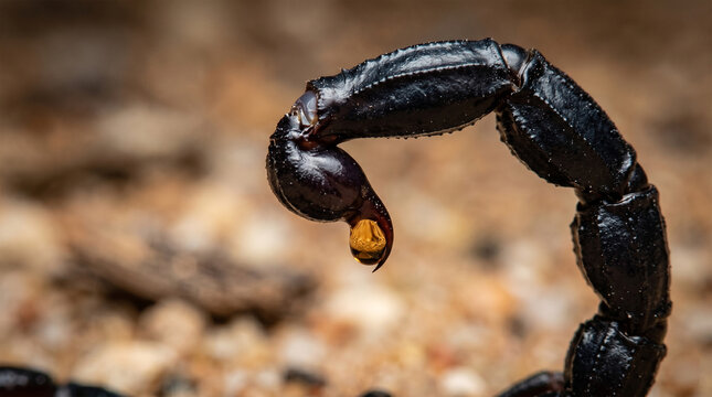 An extreme macro photograph focusing on the very tip of the scorpion's tail. The shot highlights the glistening drop of amber-colored venom hanging from the sharp, curved stinger. 