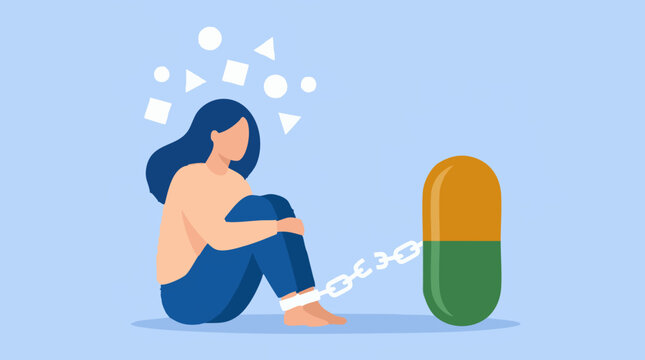 Drug addiction and dependency: Person chained to a pill with chaotic thoughts