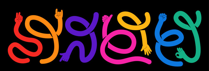 Flexible hands with gestures vector illustration. High five, rock on, peace, fist signs with long bendy curly arms. Bright flat cartoon modern style isolated on black background © zaie