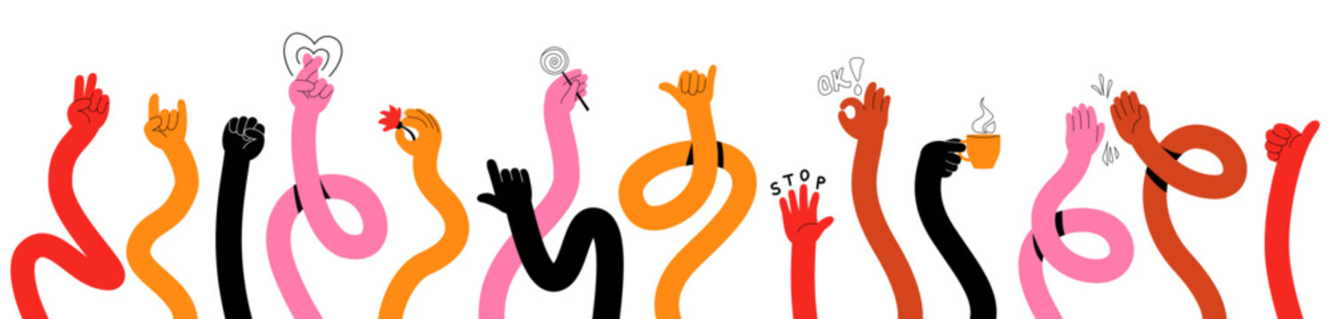 Hand gesture set vector illustration background. Color long arms with victory, fist, heart, shaka, stop, OK, like signs. Creative modern flat cartoon design of human hand emotions isolated on white