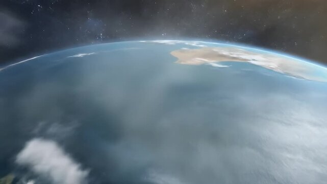 Zooming in on the planet Earth from outer space towards the continent of South America through the atmosphere with thick white clouds and deep blue oceans
