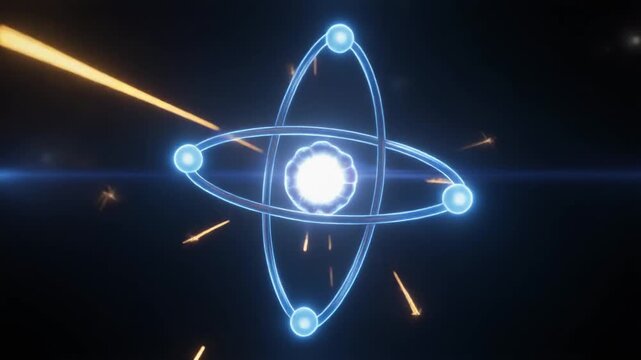 "Stylized glowing atom illustration with bright nucleus and orbiting electrons on dark background representing energy and science"