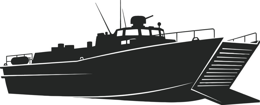 Fast patrol boat silhouette vector illustration with machine gun.