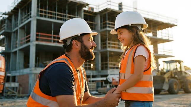 A Father and Daughter Wearing Hard Hats and Safety Vests at a Construction Site at Sunset