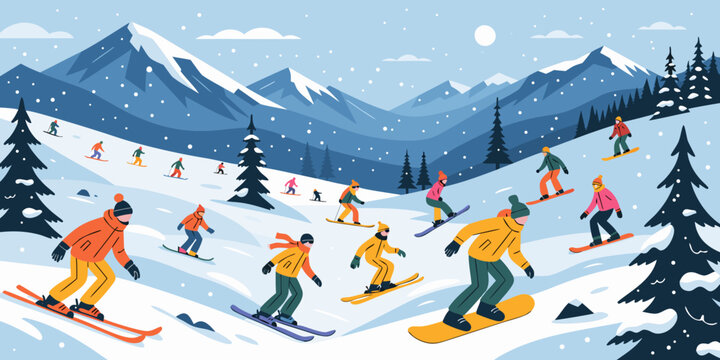Dozens of skiers and snowboarders in bright winter gear descend snowy slopes framed by evergreen trees, with jagged mountain peaks under a clear blue sky and light falling snow.