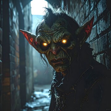A grotesque creature with glowing eyes peers from a dark alleyway