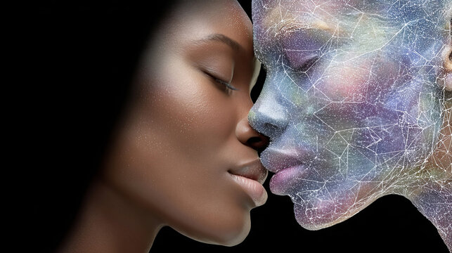 A powerful conceptual portrait shows a woman with dark skin in a close, nearly touching profile with a translucent, ethereal version of herself composed of glowing geometric networks 