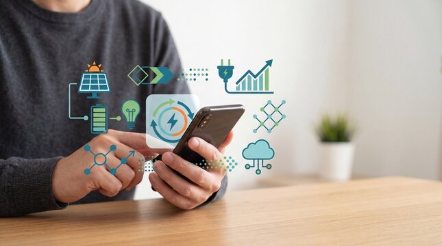Person using smartphone application with floating digital icons of solar energy, battery storage, cloud computing and growth charts representing smart grid management and mobile
