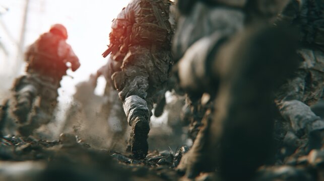 Soldiers run through a rugged terrain during a military operation at sunset near a combat zone