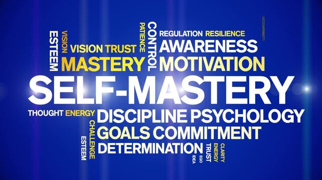 Self-Mastery animated word cloud-text design animation tag kinetic typography seamless loop.