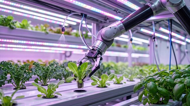 Robotic arm harvesting fresh lettuce in automated vertical hydroponic farm with purple grow lights, future of sustainable agriculture and food technology.
