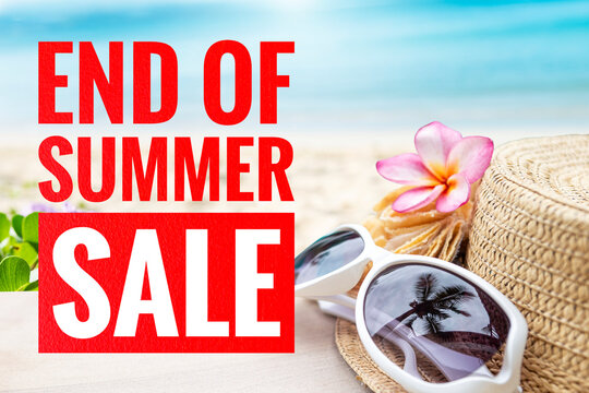 End of summer sale banner with jute hat and sunglasses over blurred tropical beach background, summer season promotion poster idea